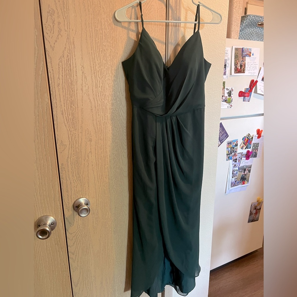 Emerald green, V neckline, thin straps, bra padding, size 12 chiffon dress.